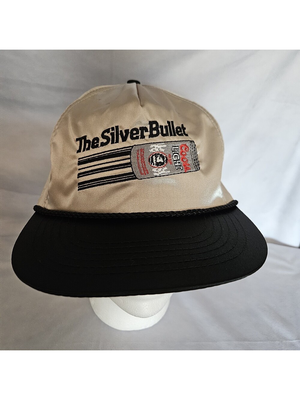 Vintage 80s Coors The Silver Bullet Beer Rope Nylon Satin Trucker Snapback Hat